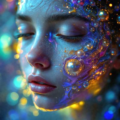 The primary subject of the image is a woman with a beautiful face, featuring a mix of blue and purple colors. She has a pearl necklace and is surrounded by a vibrant, colorful background. The visual style of the image is a combination of photo and digital art, creating a unique and captivating portrait. The colors and mood of the image are lively and enchanting, with the woman's face being the focal point of the scene.